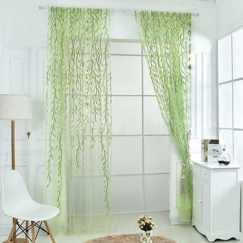 Ufurty 2 Pieces Willow Window Curtain Voile Tulle Panel Drapes, Green Color, Sheer Gauze for Living Room, Bedroom,