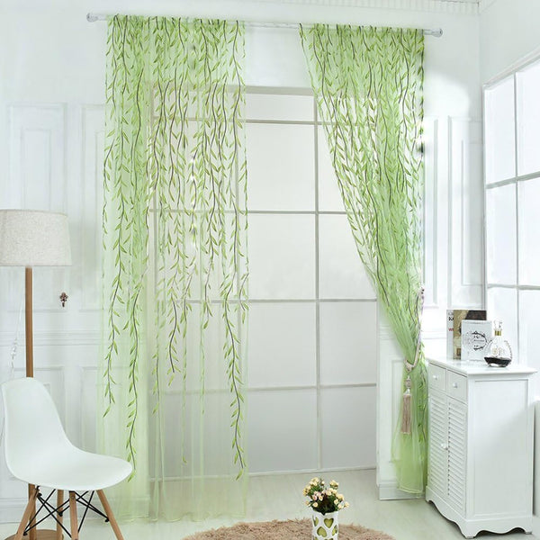 Ufurty 2 Pieces Willow Window Curtain Voile Tulle Panel Drapes, Green Color, Sheer Gauze for Living Room, Bedroom,