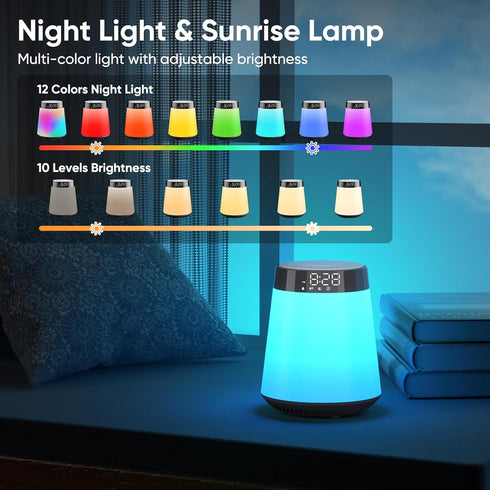 AGQQ 21 12 Dimmable Sunrise Alarm Clock with Wake Up Light & White Noise Machine - Soothing Sounds, Color Night Lights