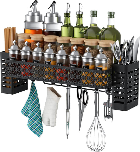 Wall Mount Hanging Spice Rack, Over Stove Spice Organizer Shelf with 6 Hooks and Utensil Holder, Black
