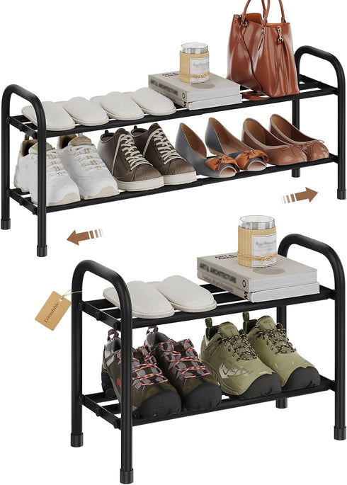 AUGOHCMIL Expandable Shoe Rack, 2-Tier Metal Shoe Storage Shelf, Adjustable Shoes Organizer for