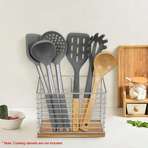 Utensil Holder for Kitchen Counter, Metal Utensil Holder Rack for Kitchen Countertop, Cooking Tools Storage for Spatula, Utensil Organizer with Sturdy Base, and Drainage Hole (Chrome Wooden)