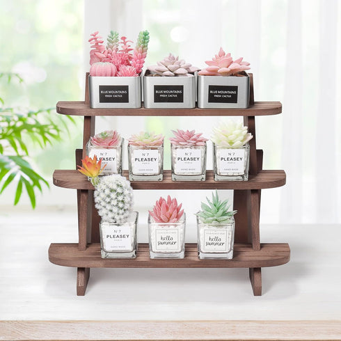 Wooden Display Riser, 3 Tier Organizer Showcase for Tabletop Shows, Farmhouse Cupcake Stands, Walnut Rustic Risers