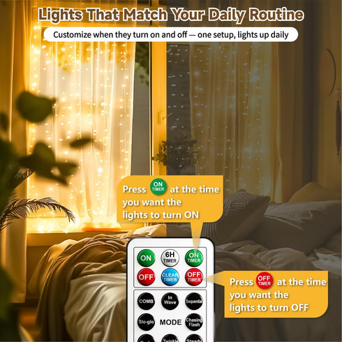 300LED 9.8x9.8Ft 8 HXWEIYE Untangled Curtain Lights, USB Fairy Twinkle String Lights with Remote and DIY Timer, Modes