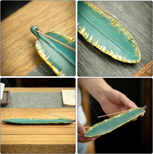Incense Stick Holder Burner, Ceramic Green Feather 9 Inch Handmade Incense Tray for Meditation & Home Decor