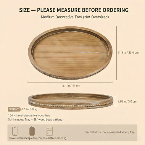 16" 11.8" 58" x Oval Wood Decorative Tray with Bead Garland, Farmhouse Coffee Table & Kitchen Island Dcor, Rustic Brown