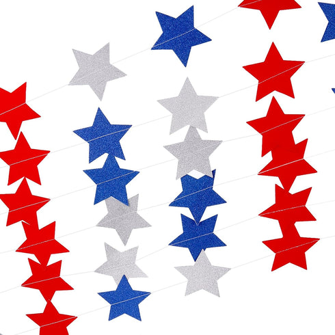 Frienda 44.3 ft Red Blue White Star Streamers, Patriotic 4th of July Decorations, 3 Pack Star Garland