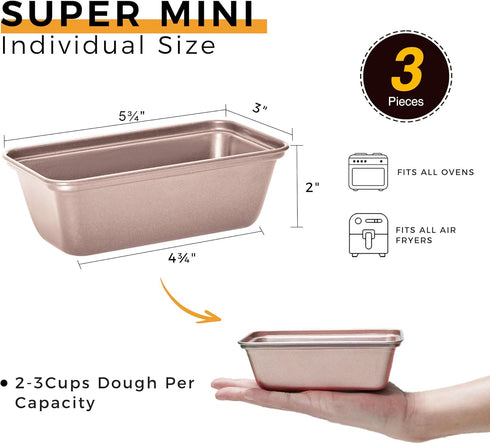 HONGBAKE Mini Loaf Pan for Baking Bread, Nonstick Small Banana Bread Tins Set of 3, 6 x 3.3 x 2 In Tiny Carbon Steel Meatloaf Pan - Rose Gold by HONGBAKE