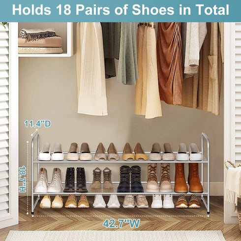 2 Closet 18-Pairs AOODA Tier Long Metal Shoe Rack for Wide Stackable Shoe Storage Organizer Low Small Sneaker Rack