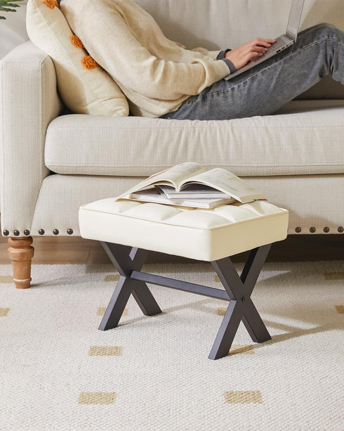 12" WBD012W IBUYKE Small H Footrest Stool, Square PU Foot Stool with Metal X-Leg, Multi-Use as Small Side Table, Step