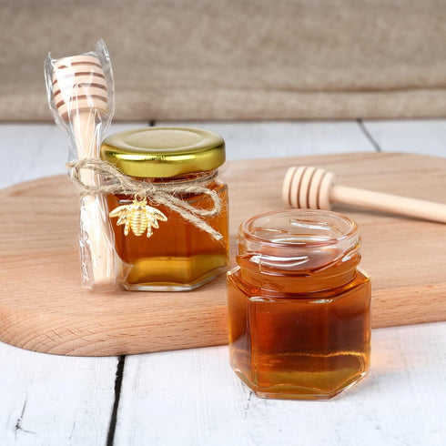 1.5 oz Hexagon Mini Glass Honey Jars - 30 Pack with Wood Dipper, Gold Lid, Bee Pendants, Jutes - Perfect for Baby
