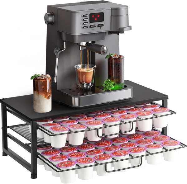 K Cup Holder Organizer for 70 Pods, 2-Tier Coffee Pod Holder for Keurig K-Cup with 2 Sliding Storage Drawers, Frosted