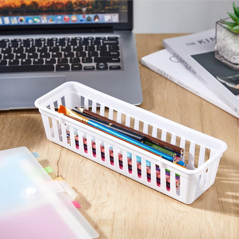 Domensi 12 Pack Slim Plastic Storage Baskets - 10.25 x 3.25 x 2.5 Inch Small Classroom Storage Bins for Desk Garage