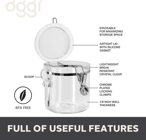 4pc Set Oggi Clear Canister with Clamp Lids & Spoons - Airtight Food Storage Containers, Ideal for Kitchen & Pantry