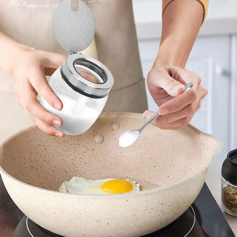 Set of 3 Glass Seasoning Bottles with Lids, Stainless Steel Serving Spoons, Base Rack and Labels - only fire Condiment