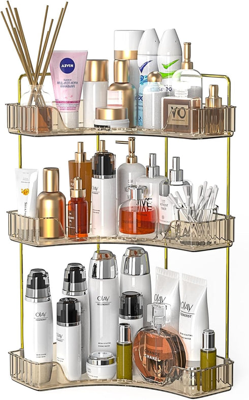 Webetop Countertop Bathroom Organizer, 3 Tier Corner Shelf for Makeup, Skincare, Cosmetic, Toiletries, Amber