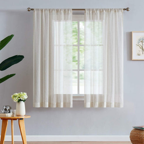 FMFUNCTEX Beige Linen Sheer Curtains for Bedroom, 54 inch Length Natural Flax Blend Draperies, 2 Panels Rod Pocket for