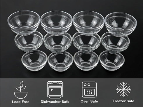 Glass Prep Bowl Sets, 12-Piece Clear Small Pinch Bowls for Salt, Spices, and Chopped Ingredients - 1.5oz/2.5oz/3.5oz