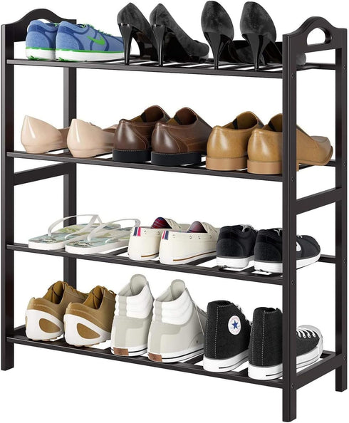 O-NINE 4-tier Bamboo Shoe Rack, Shoe Shelf with Handle, Open Storage Shelf Organizer, Flower Stand for Entryway
