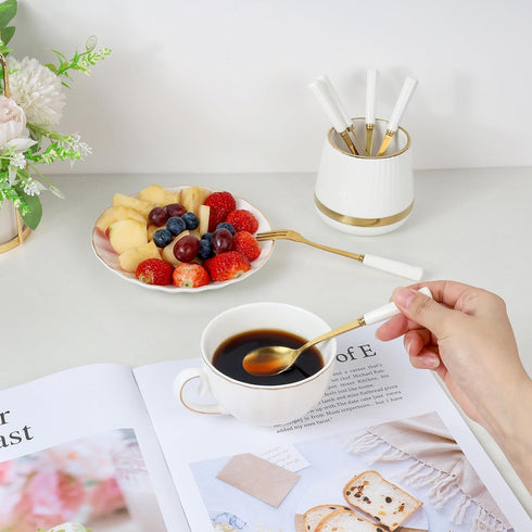 6PCS Mini Dessert Spoons Set, Small Stainless Steel Gold Tea Spoons with Ceramic Jar Holder