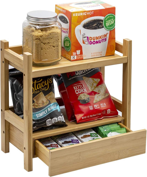 Sorbus 2-Tier Bamboo Countertop Shelf with Hidden Drawer, Makeup Organizer, Multi-Purpose Storage for Skincare