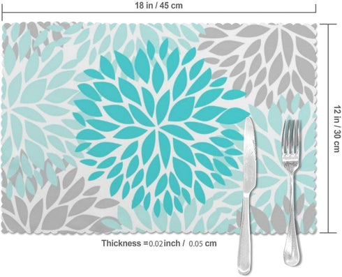 Turquoise Blue and Gray Placemats, Set of 6 Washable Table Place Mats for Kitchen Dining, 12 X 18 Inch