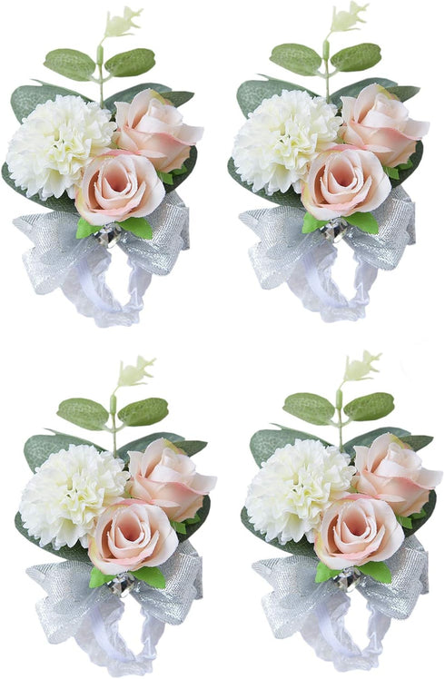 MOJUN Wedding Bridal Wrist Flower Corsage - Pack of 4 Hand Flower for Wedding Planner
