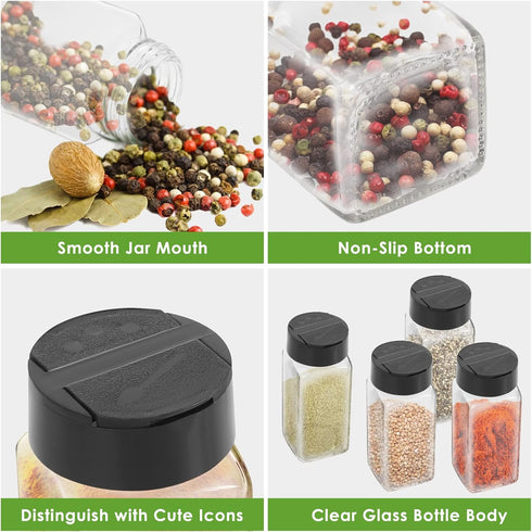 12 Pack Glass Spice Jars with Labels, 4oz Containers with Black Shaker Lids, Empty Spice Bottles, Silicone Funnel and