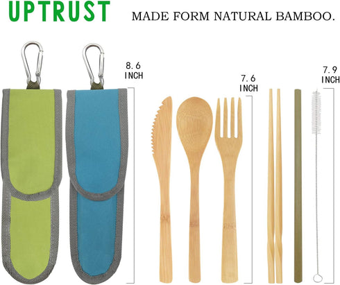 2 Set Bamboo Cutlery Set, Reusable Organic Bamboo Utensils, Fork, Knife, Spoon, Chopsticks, Straw, Cleaning Brush