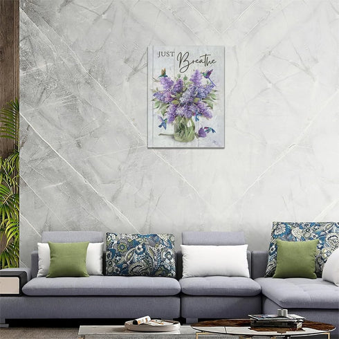 Farmhouse Lavender Bathroom Flower Decor, Just Breathe Rustic Hummingbird Canvas Painting Prints for Bedroom 12"x16"