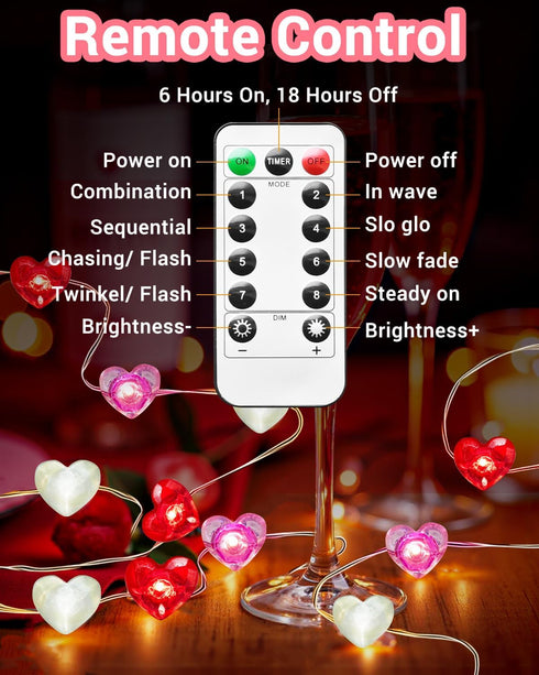 16.4FT 50 8 btfarm LED Valentine's Day Lights with Remote Timer, Red Pink White Heart Shaped Fairy String Lights