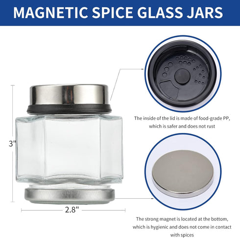 OPTWISELY 10 5oz PCS Hexagon Glass Large Magnetic Spice Jars for Refrigerator with Labels, Shaker Lids, Magnetic Base