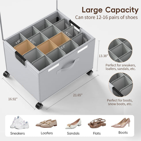 Closet, 16-32 HOUSE AGAIN Shoe Organizer for Foldable Shoe Storage Organizer Box with Wheels and Adjustable Dividers