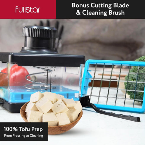 2-in-1 Fullstar Tofu Press & Cutter, Dishwasher Safe, BPA-Free, Press Box for Extra Firm & Silken Tofu (Blue)