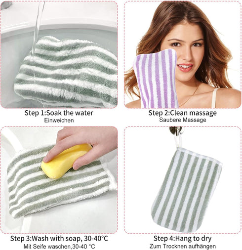 PHOGARY 6 5"x8" Striped Bath Mitts Washcloths, Small Hand Towels with Hanging Loop, Super Absorbent Soft Coral Fleece