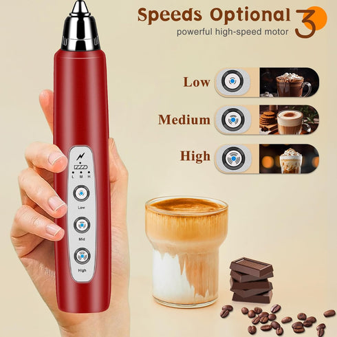 Milk Frother Handheld Rechargeable, Electric Whisk for Coffee, Detachable with 3 Stainless Whisks, No Stand, Red