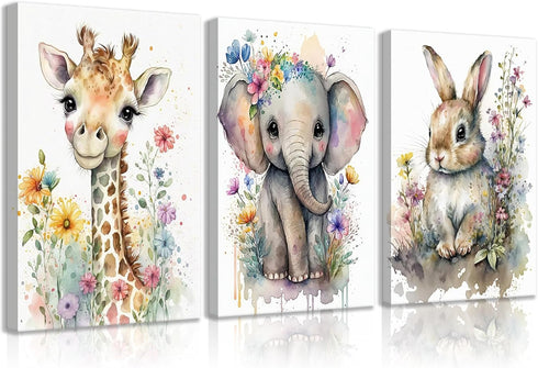 3Pcs Safari Animal Nursery Canvas Wall Art Watercolor Baby Animals with Wildflowers