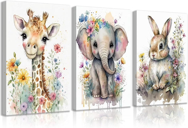 3Pcs Safari Animal Nursery Canvas Wall Art Watercolor Baby Animals with Wildflowers
