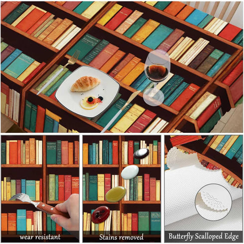 Swono 52x 70 Inch Book Shelf Tablecloth Retro Bookshelf Literature Books Rectangle Table Cloth Washable Plaid Table