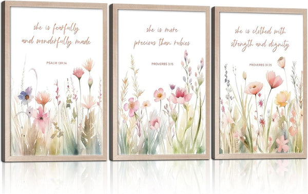 3Pcs Christian Floral Scripture Canvas Wall Art, Wildflower Bible Verse Posters Wall