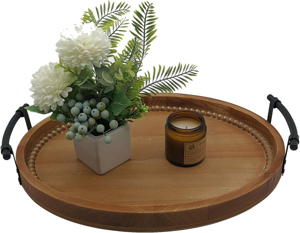 Oval Rustic Wooden Decorative Tray, Serving Tray with Metal Handles, Ottoman Coffee