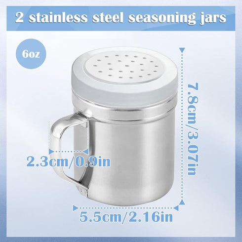 COAUXOG 2Pcs (Small-6OZ) Metal Salt Pepper Dredge Shakers, Stainless Steel Pepper Shaker Seasoning Jar With Handle