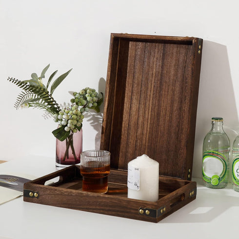 3 Pack 3 TOPZEA Wood Serving Tray with Handle, Farmhouse Wooden Coffee Table Trays Decorative Breakfast Tray for Bed