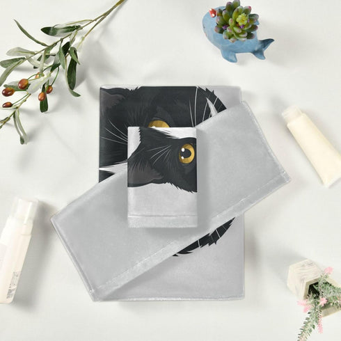 Aslsiy Set 3 Cute Black White Cat Towel Pcs Kitten Kitty Bath Hand Towels Washcloth Soft Thin Durable Towel