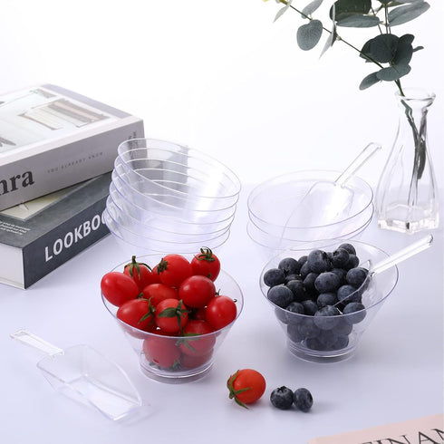 24 Pcs Plastic Clear Serving Bowls with Kitchen Scoops - Salad Serving Bowls, Angled Candy Bowl for Cooking Parties,