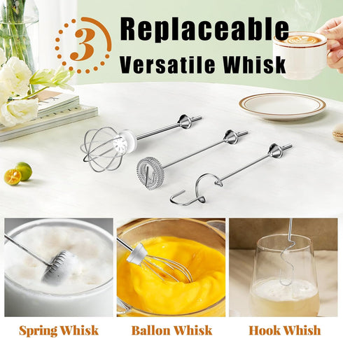 Beige Milk Frother Wand for Coffee, Handheld Electric Whisk with 3 Heads, 3 Speeds Drink Mixer for Latte, Cappuccino