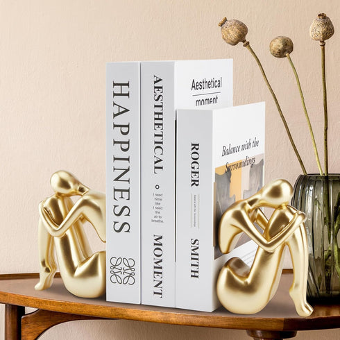 Books,1Pair/2Piece Gold Bookends Book Ends, Unique Decorative Girl Thinker Design,Non-Slip Home Office Bookshelf Decor