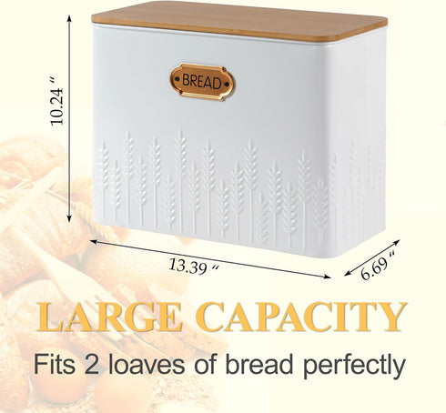HOME PALETTE Countertop 2 Extra Large Bread Box for Kitchen Corner Breadbox for Homemade Bread Metal White Ear of Wheat