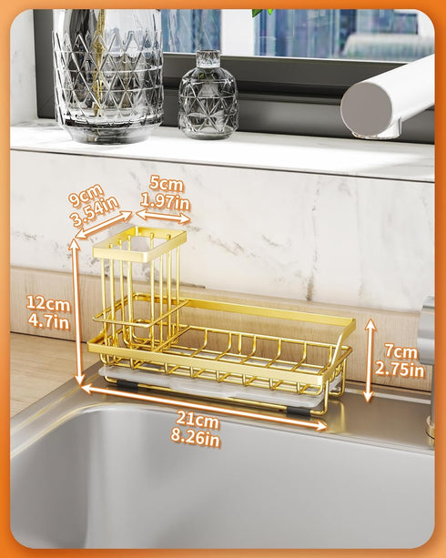 SWTYMIKI Kitchen Sink Organizer with Detachable Brush Holder, Gold Stainless Steel Sponge Holder with Removable Drip