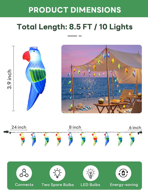 8.5Ft 10 Summer Multicolor Parrot String Lights, Parrot Camping Outdoor Party Lights with LED Multicolor Parrot Lights